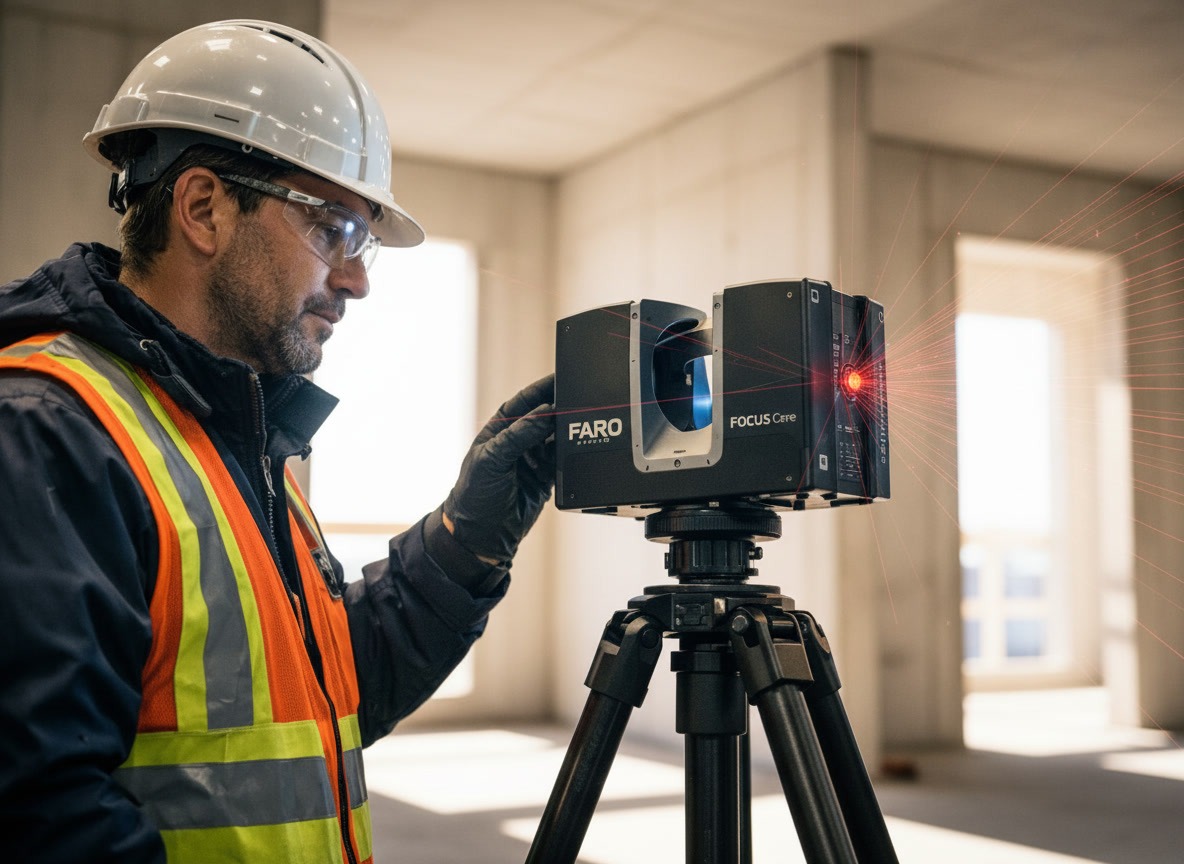 Nahaufnahme eines Technikers beim Bedienen eines 3D-Laserscanners auf einer hellen Rohbaustelle