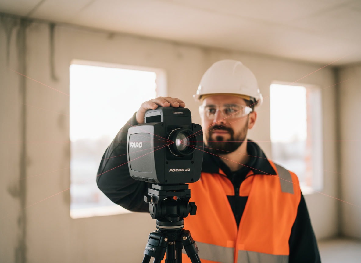 Techniker mit 3D-Laserscanner auf einer Wohnhaus-Rohbaustelle