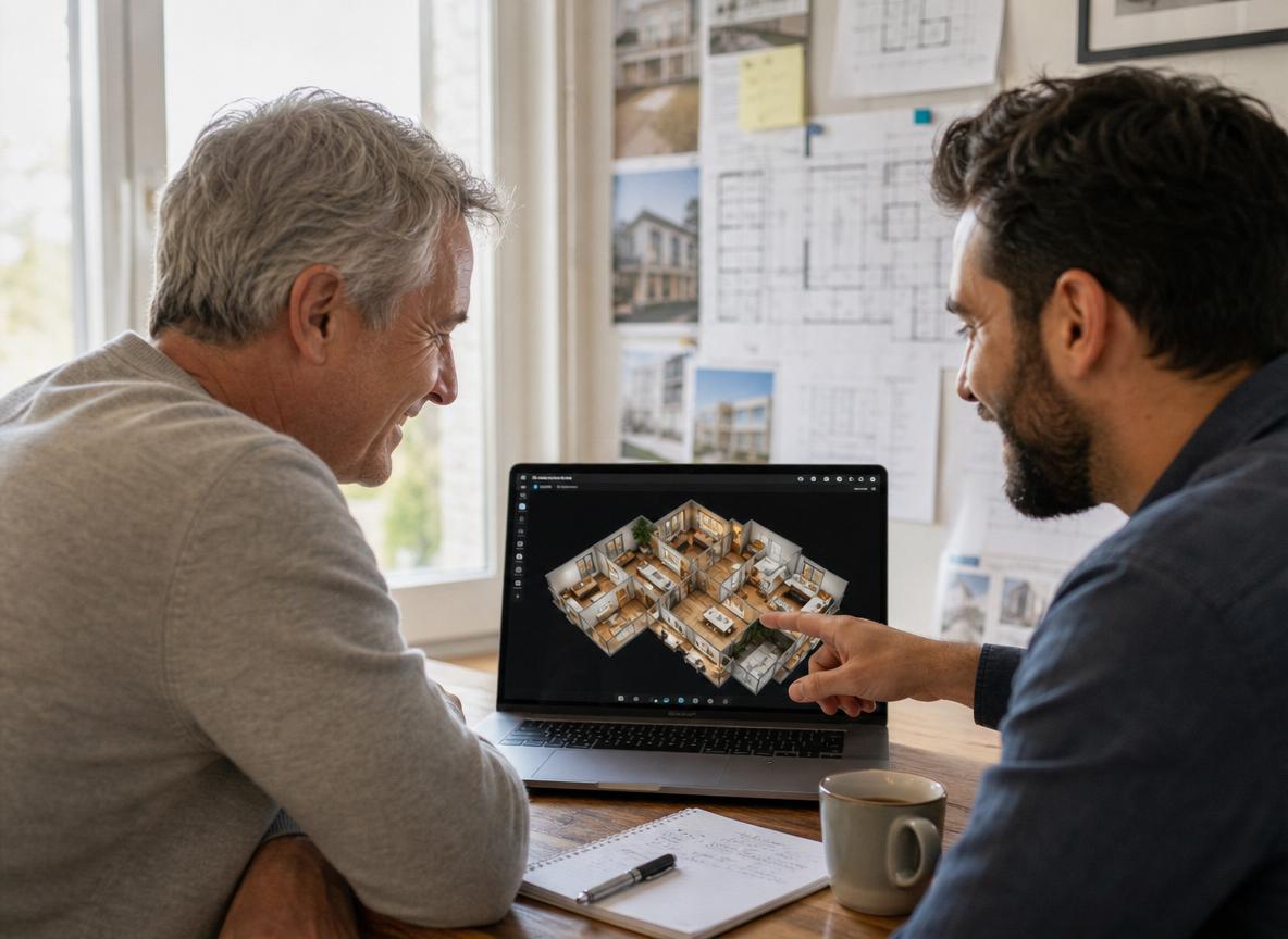 Zwei Männer im Beratungsgespräch vor einem 3D-Gebäudemodell auf dem Laptop