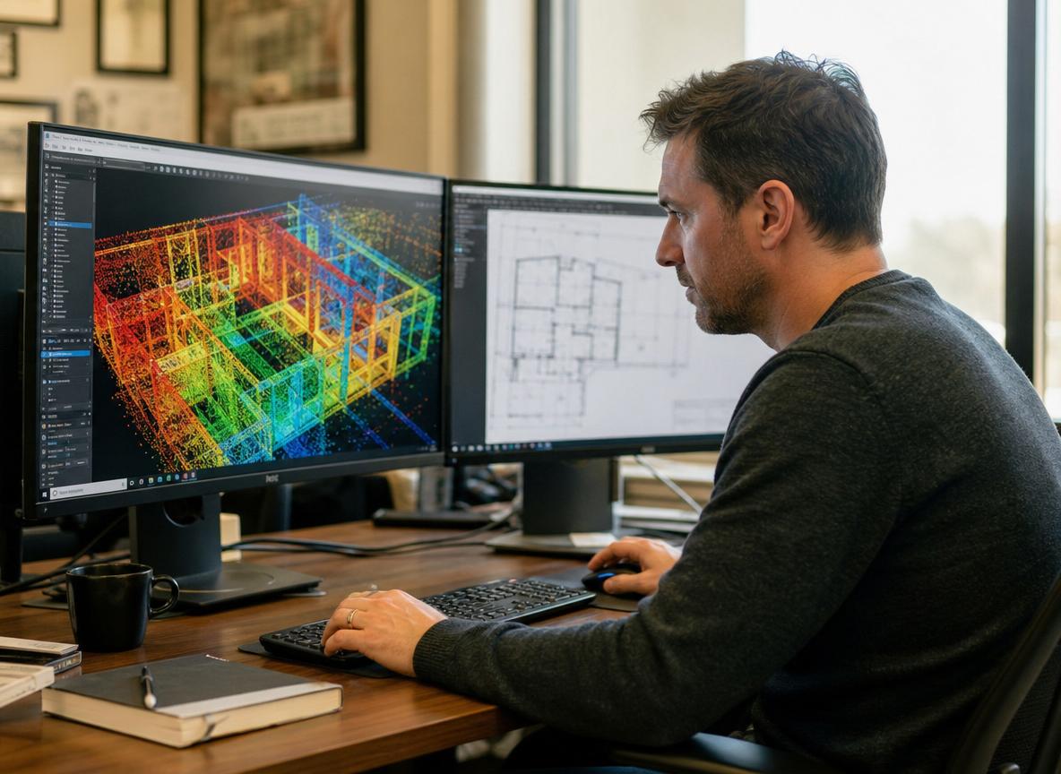 Techniker verarbeitet 3D-Scandaten am Computer, farbige Punktwolke auf dem Monitor