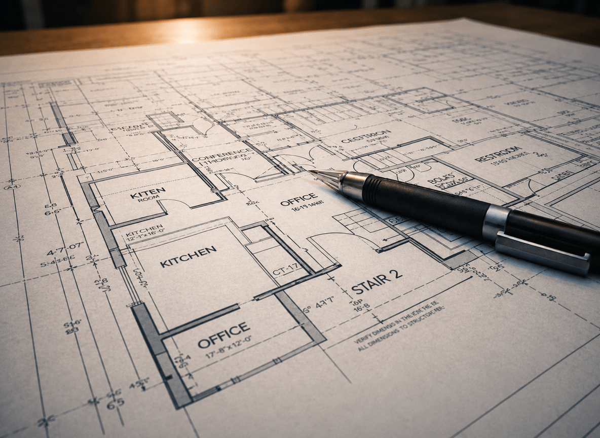 Detaillierter Architekturplan auf einem Lichttisch