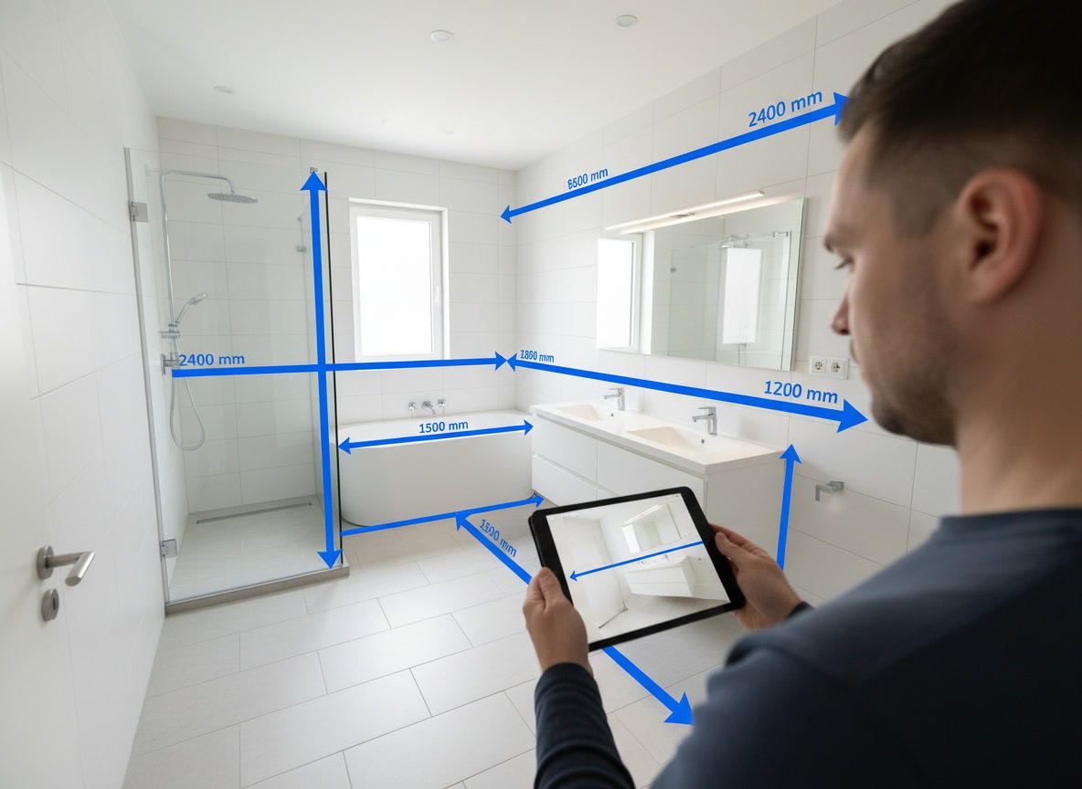 Mann mit Tablet vermisst ein modernes Badezimmer mit digitalen Maßlinien