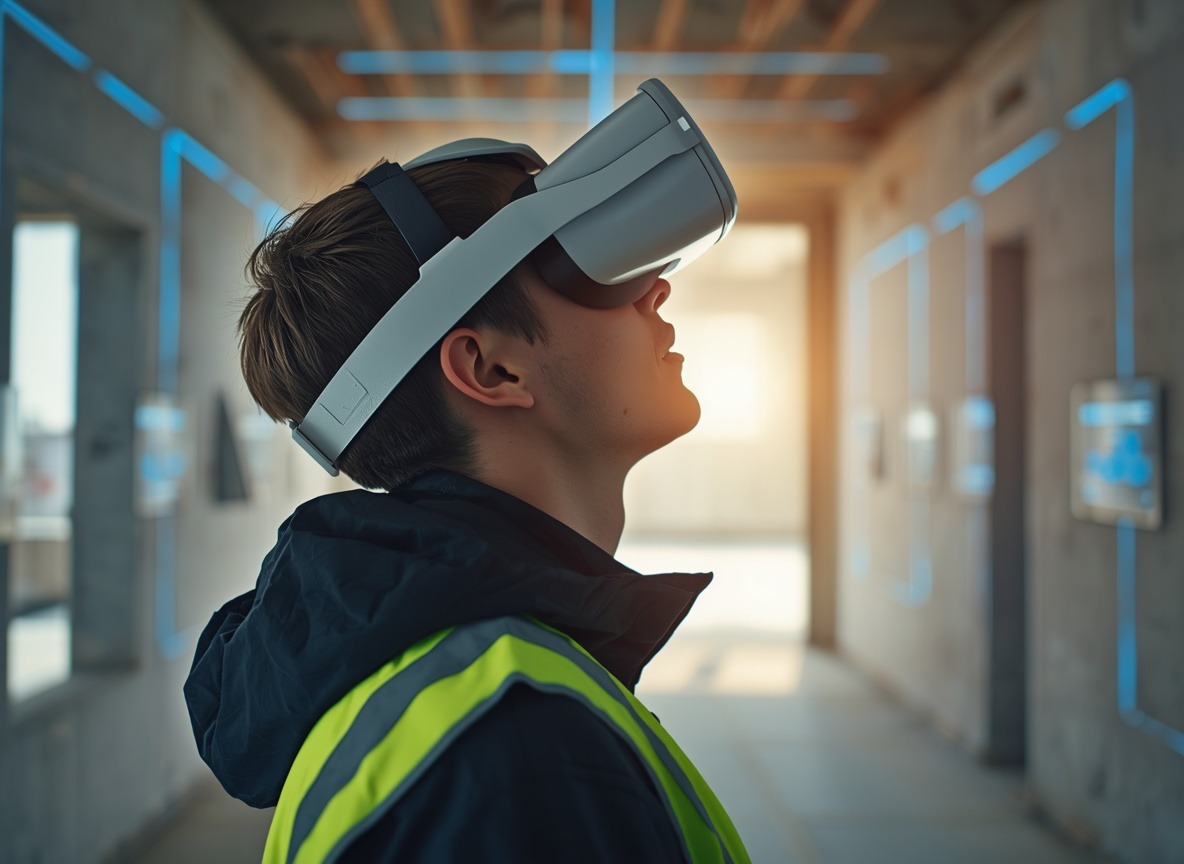 Techniker mit VR-Headset steht in einem Rohbau und erlebt eine virtuelle Begehung