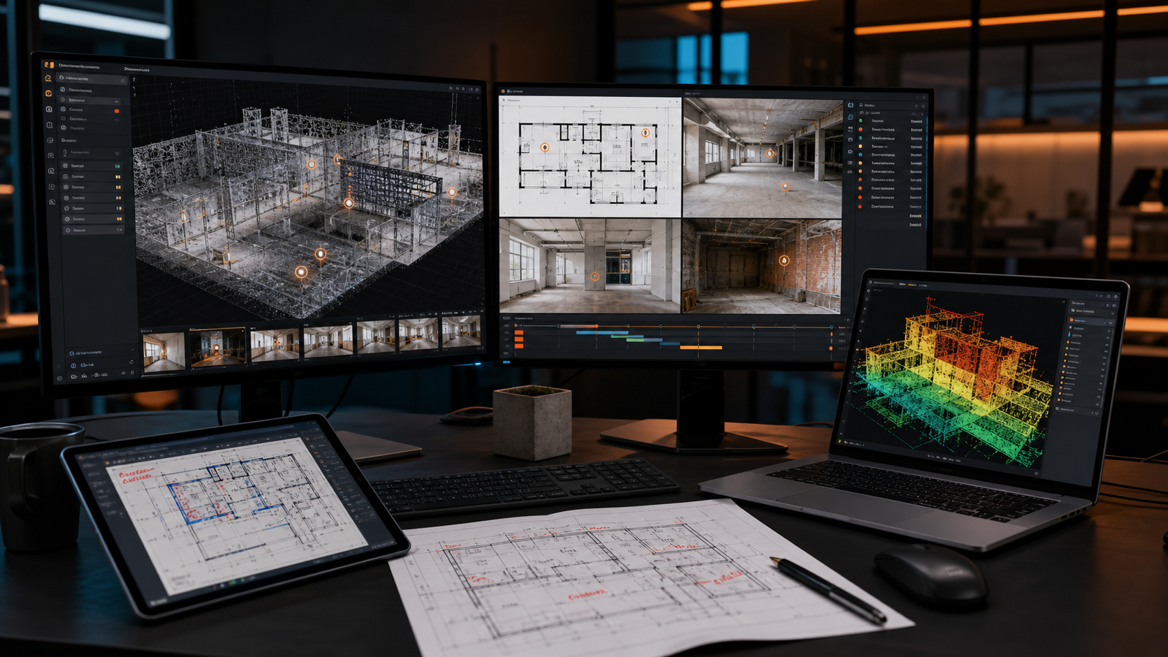 Digitaler Arbeitsplatz mit Punktwolke, Grundriss und Projektdokumentation