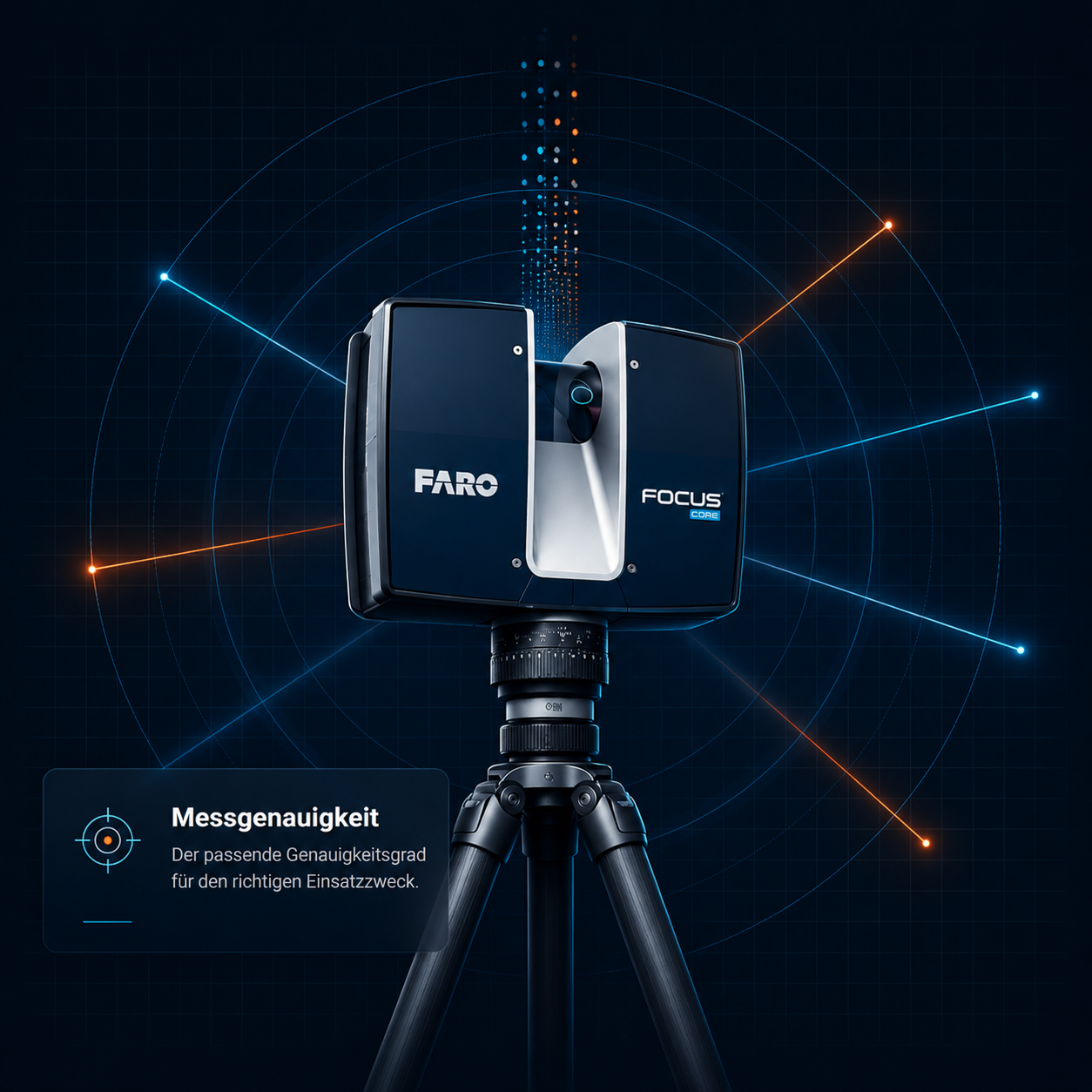 FARO Focus Laserscanner auf Stativ mit visualisierten Messstrahlen und Punktwolke