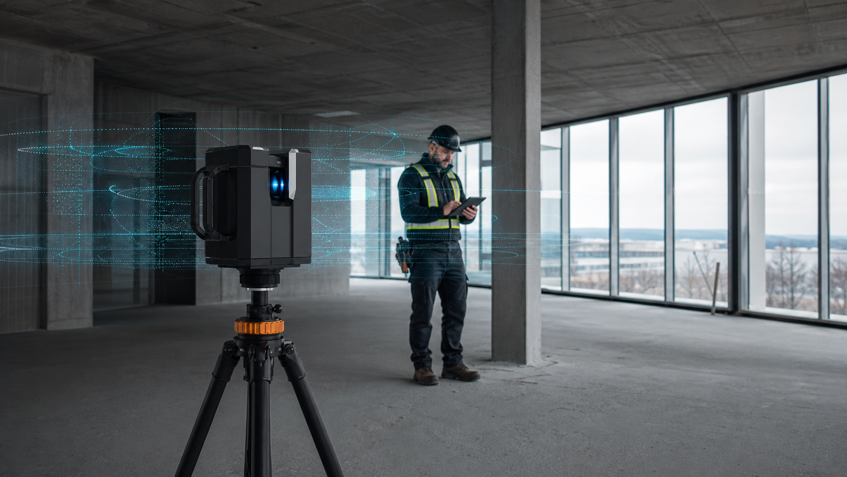 Techniker scannt einen Rohbau mit großen Fenstern bei diffusem Tageslicht